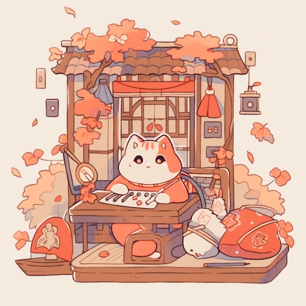 illustration d'un chat assis à une table avec un clavier et une souris ai générative