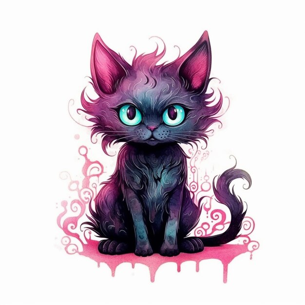 illustration d'un chat aux yeux bleus assis sur une surface rose ai générative