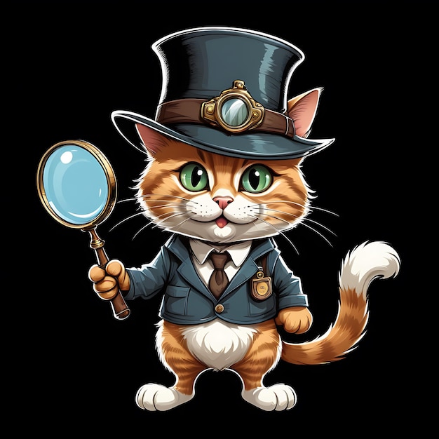 Photo illustration d'un chat curieux portant un chapeau de détective39s tenant une loupe