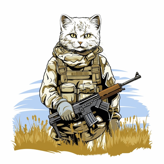 Illustration avec un chat dans l'uniforme militaire de terrain et des armes dans le style d'art vectoriel Modèle pour autocollant de T-shirt, etc. Design d'affiche