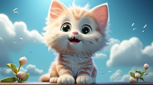 Illustration de chat de dessin animé 3D sur fond bleu pastel