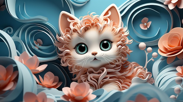 Illustration de chat de dessin animé 3D sur fond bleu pastel