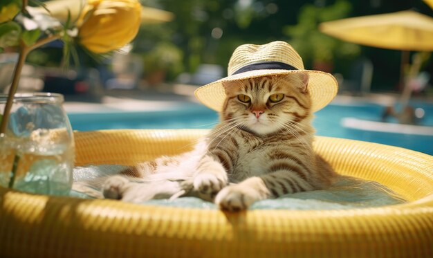 Photo illustration d'un chat gris dans un chapeau en vacances dans la piscine