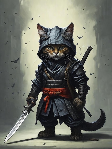 illustration un chat habillé en ninja avec une épée