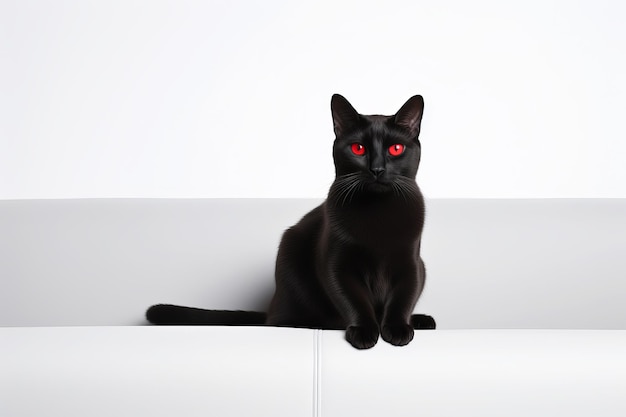 illustration d'un chat noir est assis sur un canapé blanc ai génératif
