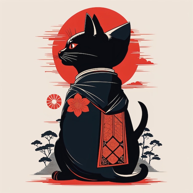 illustration d'un chat noir portant un kimono traditionnel japonais