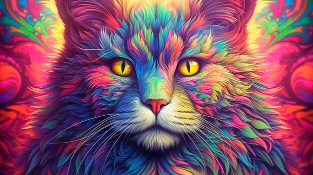 Illustration de chat psychédélique Fond coloré Texture hippie AI générative