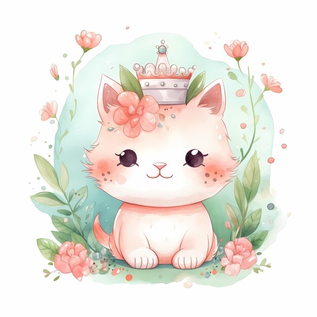 illustration d'un chat roi mignon avec un style aquarelle de couronne