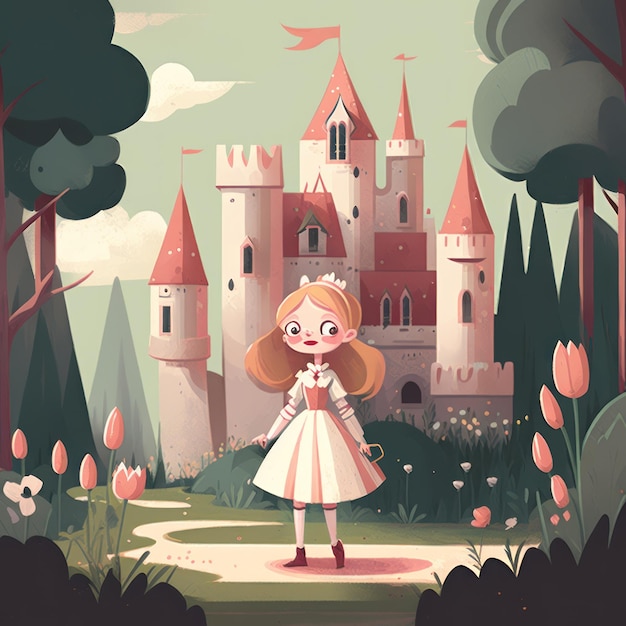 Illustration de château 2D enchanteresse avec une touche féminine