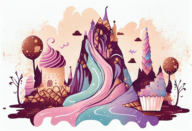 Illustration d'un château avec une cascade et un cupcake génératif ai