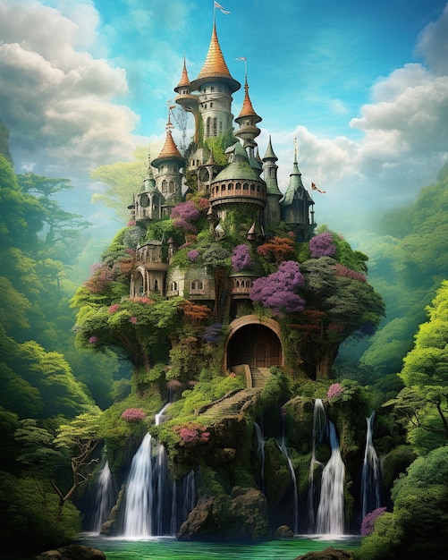 illustration d'un château fantastique coloré plein de cascades et d'arbres