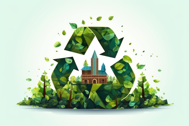 Illustration d'un château à l'intérieur d'un logo de recyclage vert Generative AI