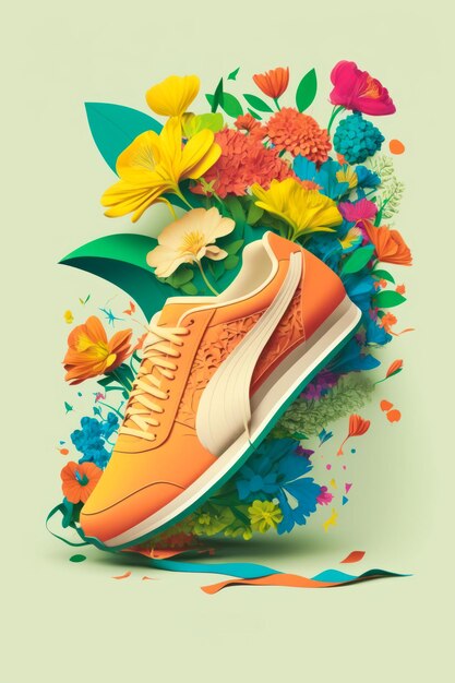 Une illustration d'une chaussure orange avec des fleurs Generative AI