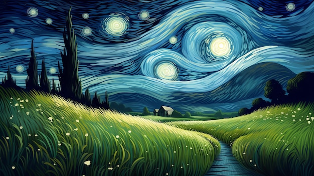 illustration d'un chemin sur l'herbe sous le ciel étoilé