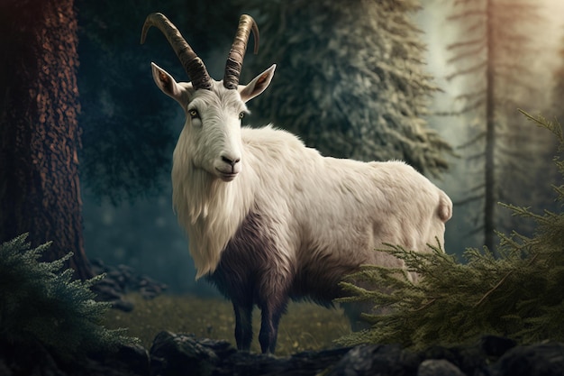 Une illustration d'une chèvre blanche avec de grandes cornes vue de côté avec des arbres forestiers à l'arrière
