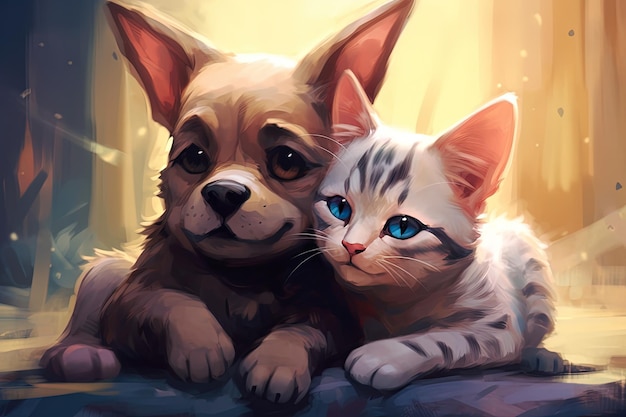 Illustration d'un chien et d'un chat étreignant mettant en valeur la journée de l'amitié Carte de vœux