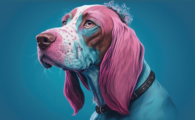 Illustration d'un chien créatif aux cheveux roses sur fond bleu avec espace libre