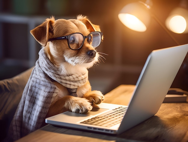 Illustration d'un chien créatif travaillant sur un ordinateur portable à la maison à des heures tardives Jack russel terrier chien travaillant à un projet de gasion sur un ordinateurs portable portant des lunettes et un foulard généré par l'IA