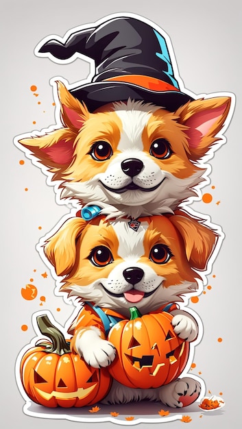 illustration chien Kawaii jouant avec une petite citrouille Halloween vue latérale autocollant propre whi