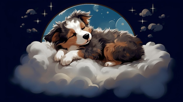Illustration d'un chien mignon dormant sur les nuages dans le ciel. Photo de haute qualité