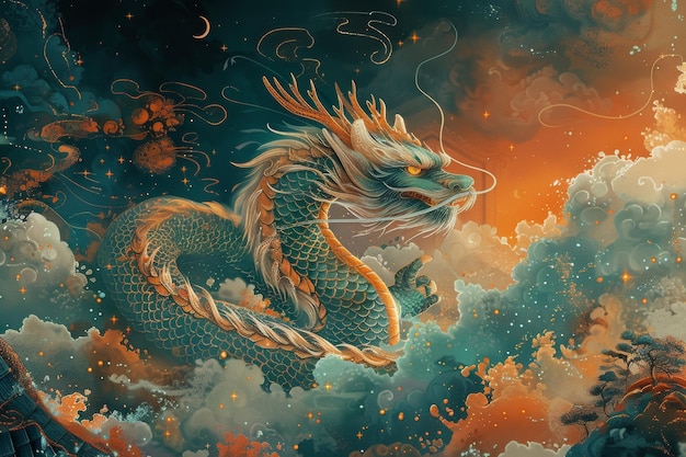 Photo illustration chinoise d'un dragon dans le ciel avec des nuages célestes doux