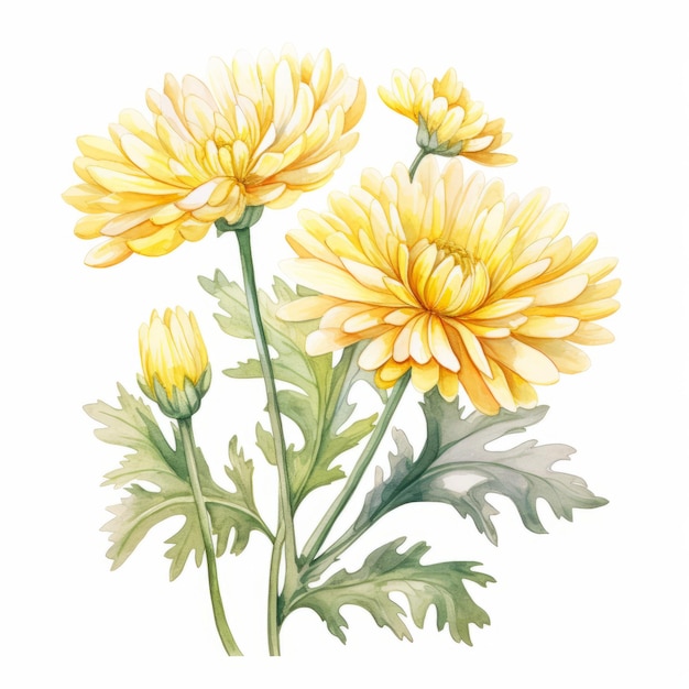 Illustration de chrysanthème aquarelle avec fleurs jaunes et feuillage détaillé