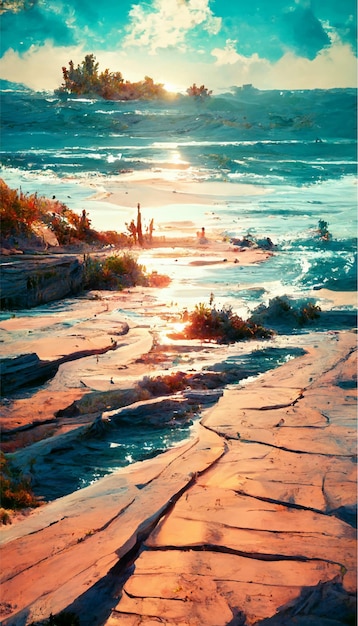 illustration cinématographique de l'environnement de coucher de soleil sur la plage. illustration pour papier peint
