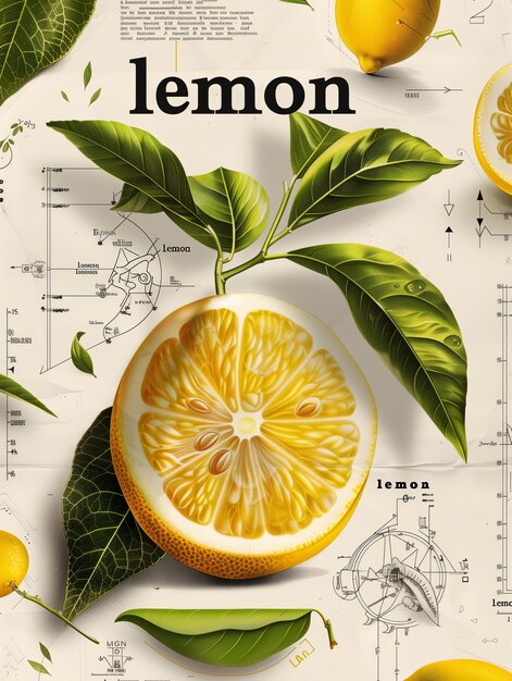 Illustration de citron dans le style d'un vieux livre de science avec des infographies