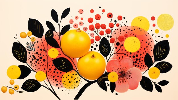 Photo une illustration de citrons et de fleurs sur un fond beige