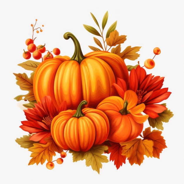 Illustration de citrouilles d'automne sur fond blanc avec des feuilles d'automne jaunies et rouges