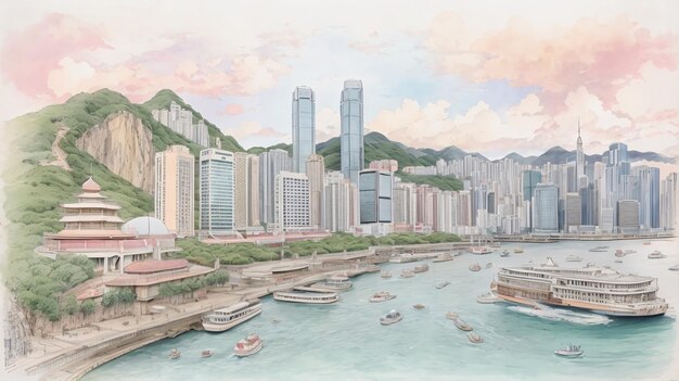 Illustration classique du paysage de la ville de Hong Kong