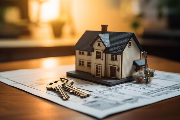 Illustration de clés et d'une maquette de maison sur une table en bois