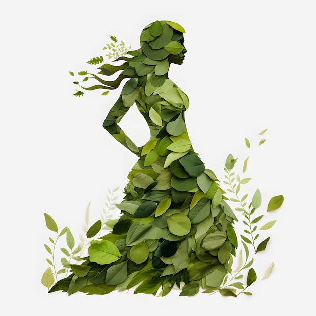 Une illustration clipart d'une dame faite de feuilles avec une texture lisse et un fond blanc