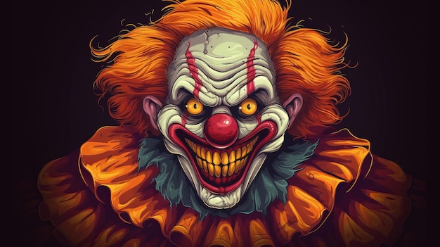 Illustration de clown terrifiante avec des dents jaunes et un maquillage audacieux