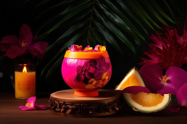 Illustration d'un cocktail à l'ananas mangue fruit de la passion noix de coco fleur d'hibiscus rose