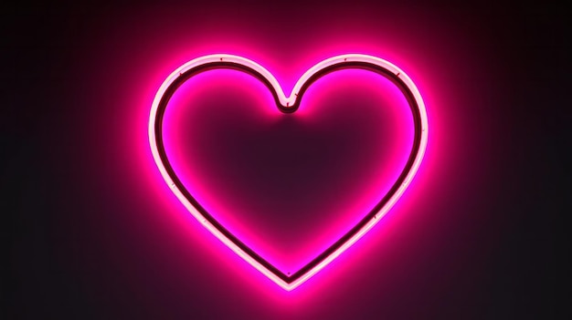 Illustration d'un cœur au néon rose vibrant brillant sur un fond noir foncé