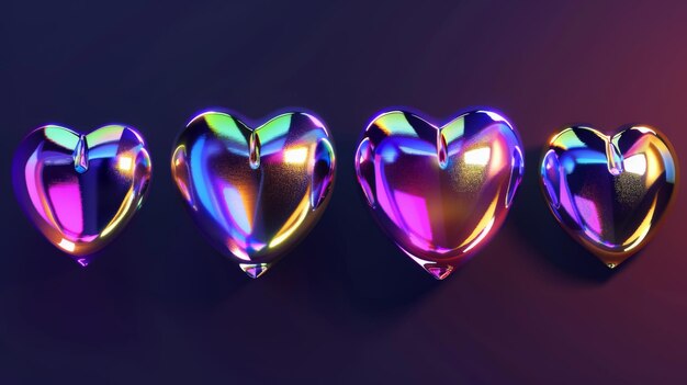 Une illustration de cœurs holographiques 3D dans un ensemble de style y2k isolé sur un fond sombre Cœurs en chrome iridescent rhiné avec effet de gradient arc-en-ciel et texte d'amour