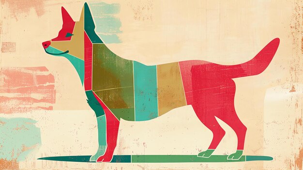 Une illustration colorée et abstraite d'un chien Le chien est composé de plusieurs formes et couleurs différentes et a une planche de surf sous ses pieds