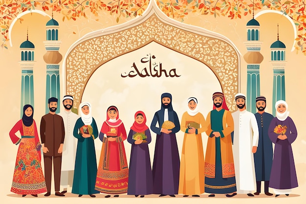 Illustration colorée de l'Aïd al-Adha Atmosphère joyeuse des familles se réunissant pour la célébration traditionnelle