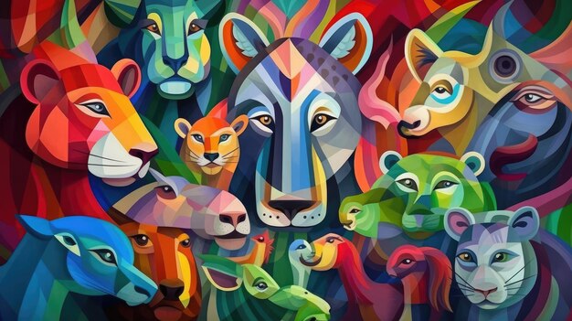 Illustration colorée avec des animaux mignons dans le style cubisme pour la journée des enfants