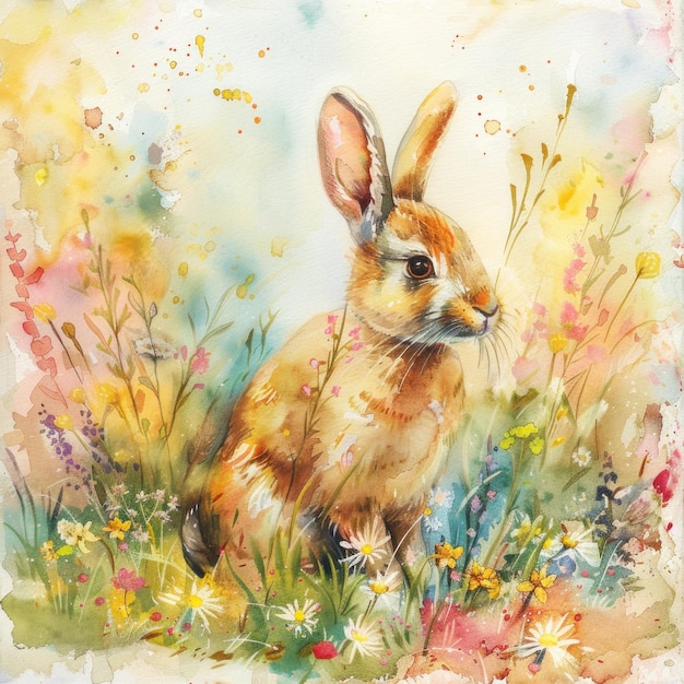 Photo illustration colorée en aquarelle d'une jolie carte de vœux saisonnière du lapin de pâques