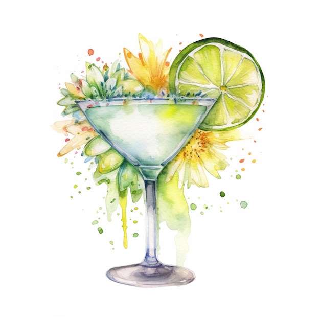 Une illustration colorée à l'aquarelle d'une margarita avec un citron vert et des fleurs.