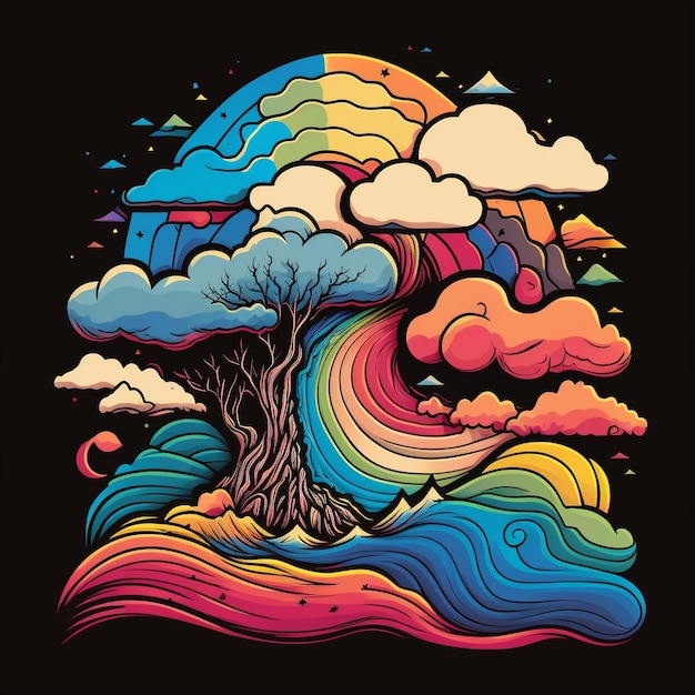 Une illustration colorée d'un arbre avec un arc-en-ciel dessus.