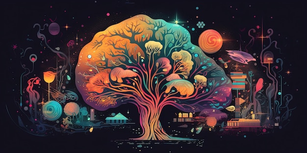 Illustration colorée d'un arbre d'art sur un fond noir