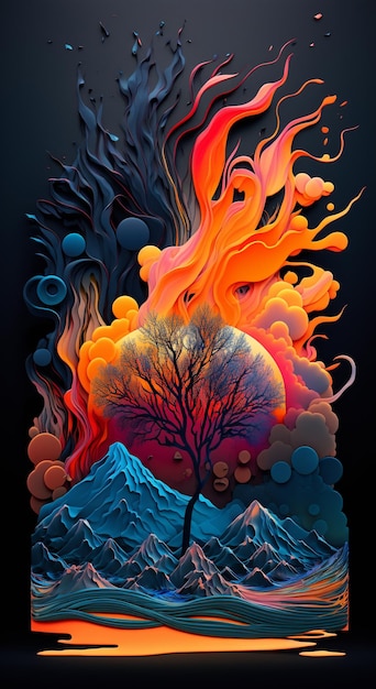 Une illustration colorée d'un arbre et de montagnes avec les mots " feu " en bas.