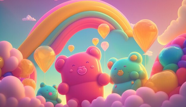 Photo une illustration colorée d'un arc-en-ciel et d'ours en peluche.