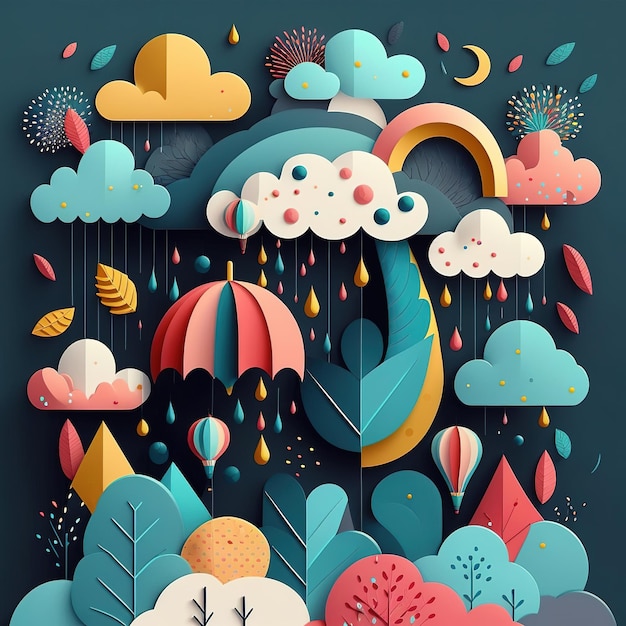 Une illustration colorée d'un arc-en-ciel et de la pluie.