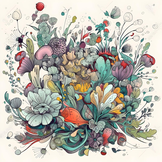 Une illustration colorée d'un arrangement floral avec beaucoup de fleurs.
