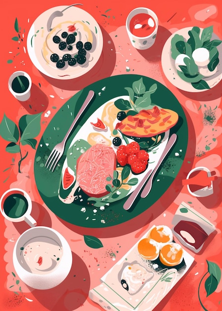 Une illustration colorée d'une assiette de nourriture avec une assiette de nourriture dessus.