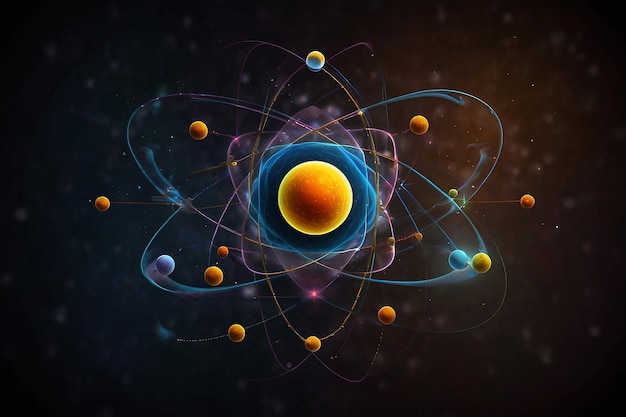 une illustration colorée d'un atome avec le mot atome dessus
